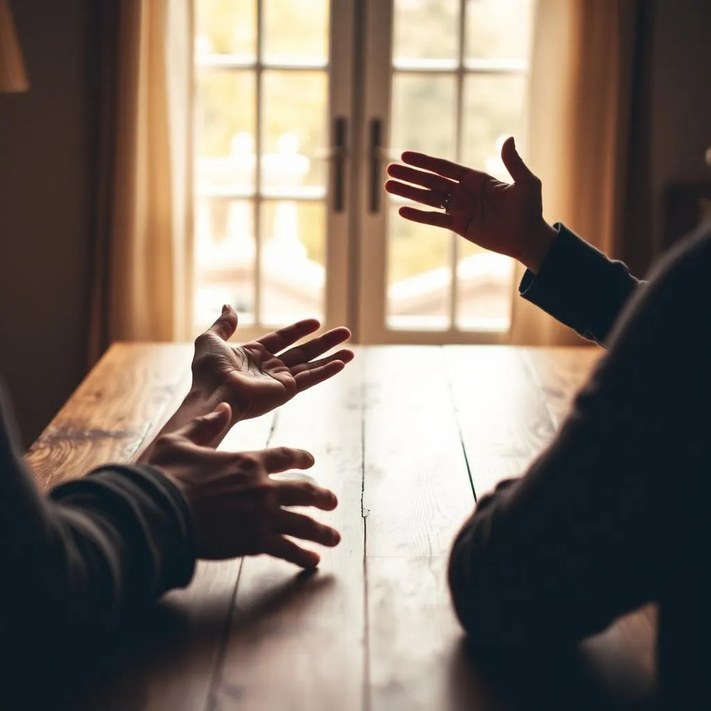 Hands reaching across a table — support and connection.